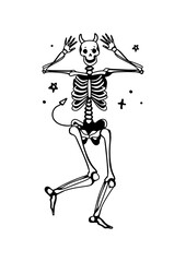 Cute Skeleton with devil horns and tail | Halloween theme print for Graphic Tee. Illustrator Vector. PNG. JPG.