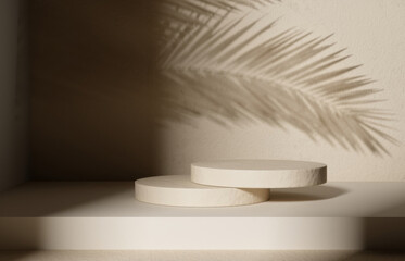 Product Podium - Beige Background, Two Beige Podiums. 3D Illustration