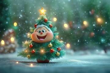 Obraz premium Festive Christmas Tree Character with Ornaments and Lights in Snowy Wonderland