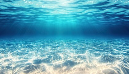 Underwater Blue Ocean Swimming Pool: Wide Panoramic Background Of Water Waves With Sandy Sea Bottom And Isolated White Background.