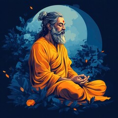 Guru Purnima Vector Illustration: Happy Guru Sitting Under Bodhi Tree