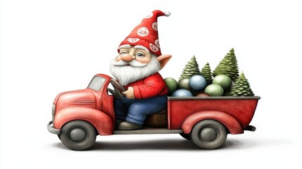 Cheerful Gnome Driving Vintage Truck with Christmas Trees