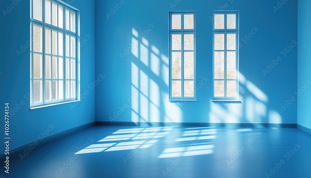 Poster minimalistic light blue studio space with dark windows shadows. simple design and minimal background