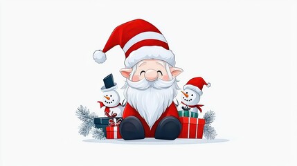 Obraz premium Cute Cartoon Santa with Snowmen and Christmas Gifts