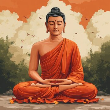 Gautam Buddha Meditating on Happy Buddha Purnima - Vector Illustration for Vesak Day or Buddha Purnima