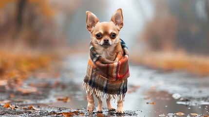 Gorgeous adorable chihuahua puppy standing outdoor beside a puddle while wears a poncho