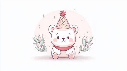 Obraz premium Cute Polar Bear with Party Hat and Floral Background