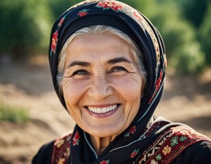 A mature Tajik woman 75 years old smiles showcasing intricate traditional attire and rich cultural heritage of her nationality, evoking wisdom and grace. Brunette woman, wearing a headscarf. AI