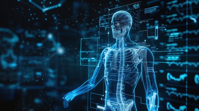 Digital X-ray of the human body with visible organs and treatment zones marked, representing the integration of technology in healthcare