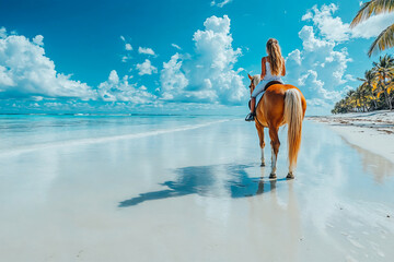 A girl rides a horse on a beach. The sky is blue and the water is calm.