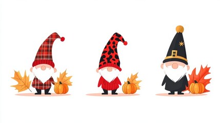 Fototapeta premium Cute Gnomes with Autumn Leaves and Pumpkins