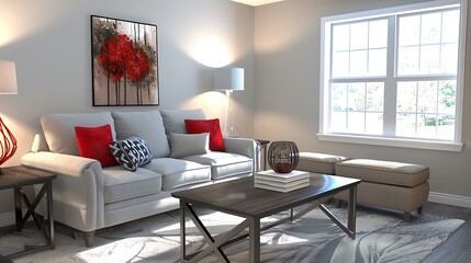 Gorgeous neutral side couch soft gray carpet stylish coffee table red lamp and window adorn this tasteful living area