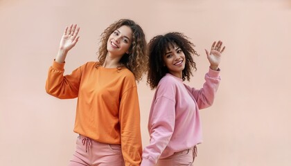 Energetic young two interracial girls dancing side by side and waving hands in studio