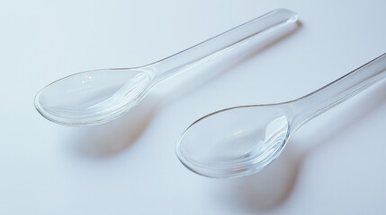 a close-up, top-down view of clear plastic spoons, placed side by side with a small gap on a white background