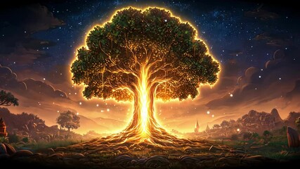 Enchanted tree of light glowing in mystical starry night landscape