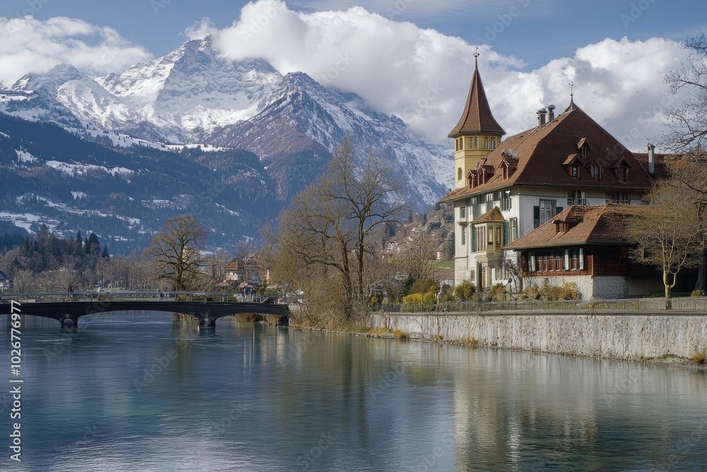 Sticker Spring blooms alongside a calm river with a picturesque bridge, historic house, and majestic Swiss mountains in the background. Generative AI