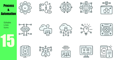 Process Automation Line Editable Icons set. Vector illustration in modern thin line style of technologies related icons: robotic, artificial intelligence, productivity,  & more. Pictograms