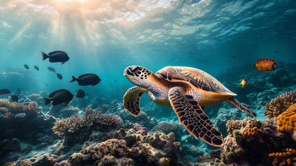 Naklejka premium A turtle swimming in a deep ocean underwater surrounded by fish and corals