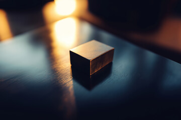 A polished metallic rectangular block rests on a reflective shiny surface, highlighting its sleekness and modernity.