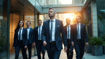 Fototapeta premium Business professionals in formal business attire walking together toward a modern office skyscraper. The scene reflects collaboration, determination, and success, making it perfect for corporate.