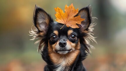 Portrait of small dog with leaf on its head