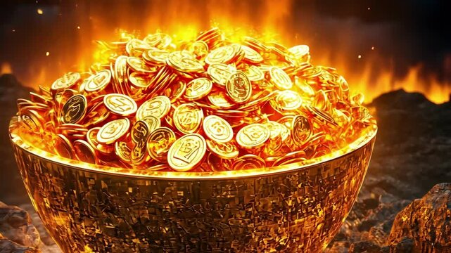 Glowing cauldron brimming with gold coins amidst fiery background