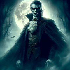 Spooky art of a sinister vampire on a full moon night, perfect for Halloween parties and horror projects