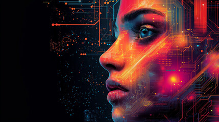 A colorful representation of facial features surrounded by technological elements like circuits and screens, illustrating the modernity of facial recognition technology, with copy