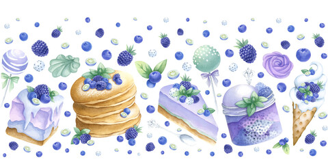 Cake, ice cream, pancake, marshmallows and candy with blueberries, blackberries, mint watercolor seamless banner isolated on white. Hand drawn border for kitchen textile, food packaging and cookbooks.