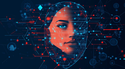 Illustration of facial recognition privacy concerns, featuring a face behind a shield of digital elements, highlighting the balance between security and personal privacy, with copy