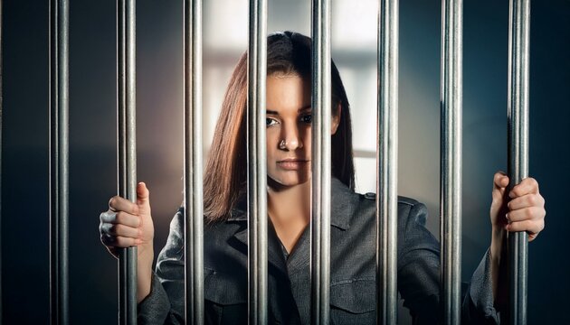 Woman in a prison cell holding on to the bars. Metaphor of the social problems suffered by women.