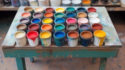front, horizontal view,  an array of paint pots