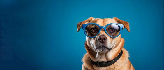 Cute smart dog in glasses on a blue background, space for text. Concept of study and self-development.

