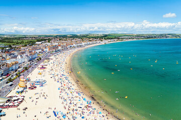 Weymouth Beachat summer from a drone, Esplanade, Weymouth, Dorset, England
