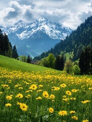 A colorful field of yellow flowers flourishes at the base of the snow-capped Swiss Alps during a sunny spring day. Generative AI