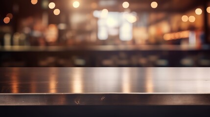 Steel table top with blurred background of a coffee shop or restaurant interior 