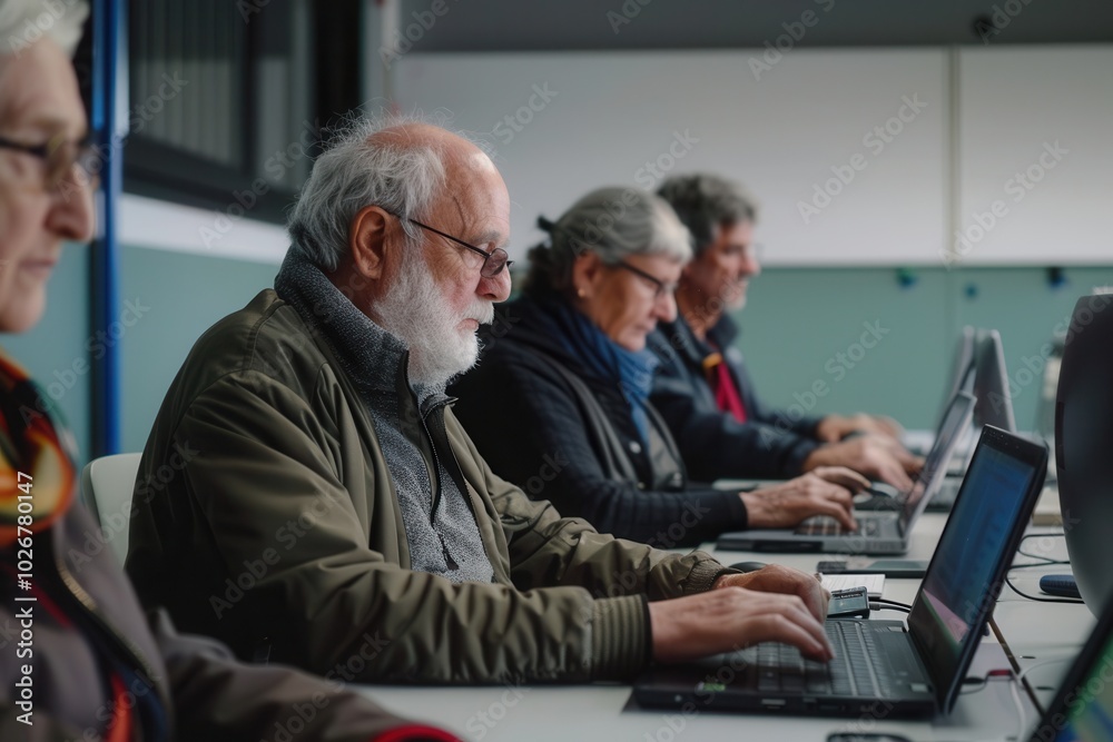 Aufkleber A group of elderly participants focuses on their computer lessons, deepening their understanding of technology in a classroom setting. Generative AI
