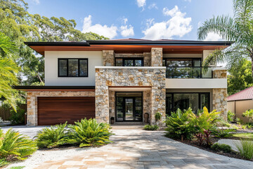 Naklejka premium Captivating Front Image of a Modern Home in Perth, Highlighting Stone Cladding, Generous Windows, Neutral Colors, and Elegant Wooden Eaves Amidst Vibrant Greenery.