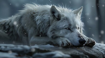 Obraz premium In a chilly nature an angry wolf sporting a silver coat is resting