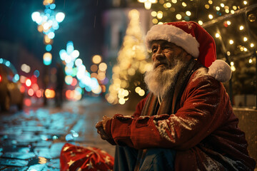 Obraz premium Tramping Santa Claus Enduring the Cold Winter as the City Enjoys Festive Christmas Celebrations Nearby