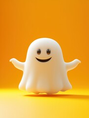 Cheerful cartoon ghost on bright yellow background with happy expression