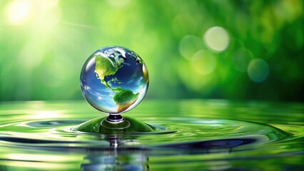 Globe with water droplet and green background, world, environment, conservation, eco-friendly, planet, earth, sustainability, nature