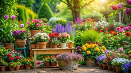 Nature product displayed in a beautiful garden surrounded by vibrant flowers and lush green plants , nature, product, garden