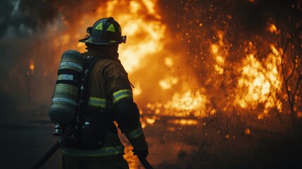 Fototapeta premium Fiery Blaze with Firefighter Responding to Emergency