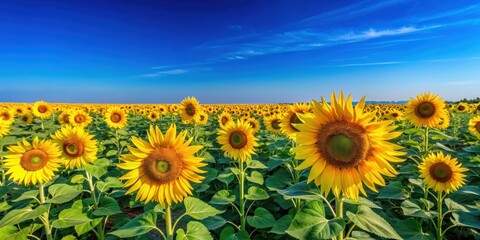 Obraz premium Vibrant sunflower field under a clear sky, sunflowers, field, nature, yellow, bright, sunny, summer, petals, bloom