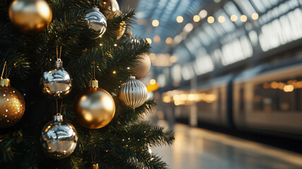 A beatifully decorated Christmas tree with golden and silver ornaments in a train station, with a train in the background