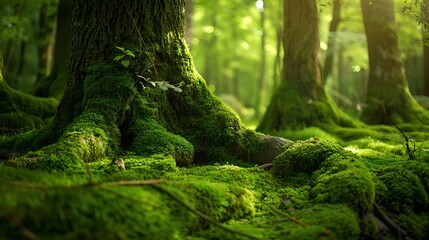 Obraz premium In a magical forests enchanting tree trunks surrounded by vibrant green mossy grow