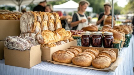 Freshly Baked Artisan Bread and Homemade Jams Displayed at Outdoor Farmers Market Stall with People in Background