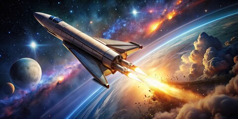 Obraz premium Spaceship soaring through space with stars in the background, spaceship, flying, space, stars, galaxy, exploration