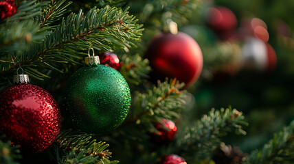 A beautifully decorated Christmas tree with red and green ornaments